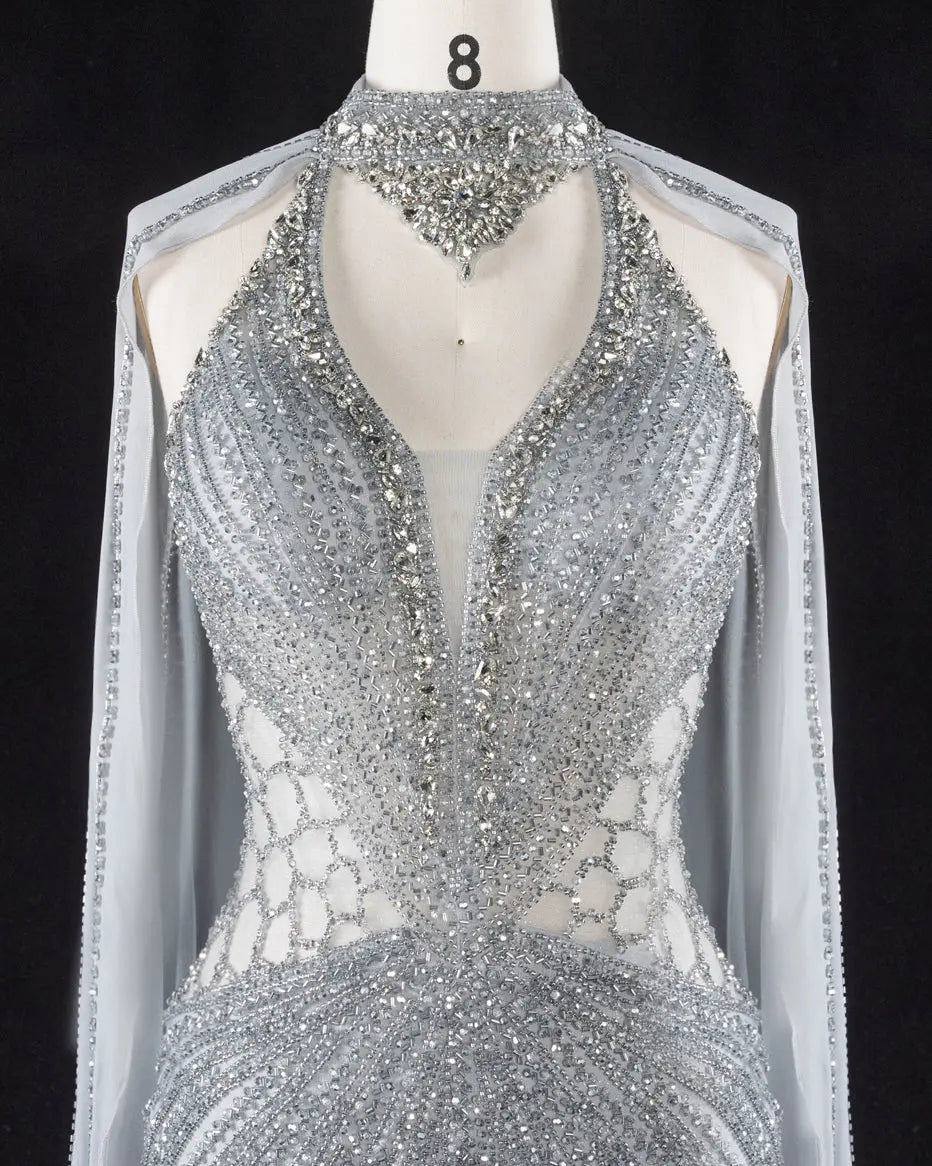 Champagne Beaded Cape Evening Dress SS049-20