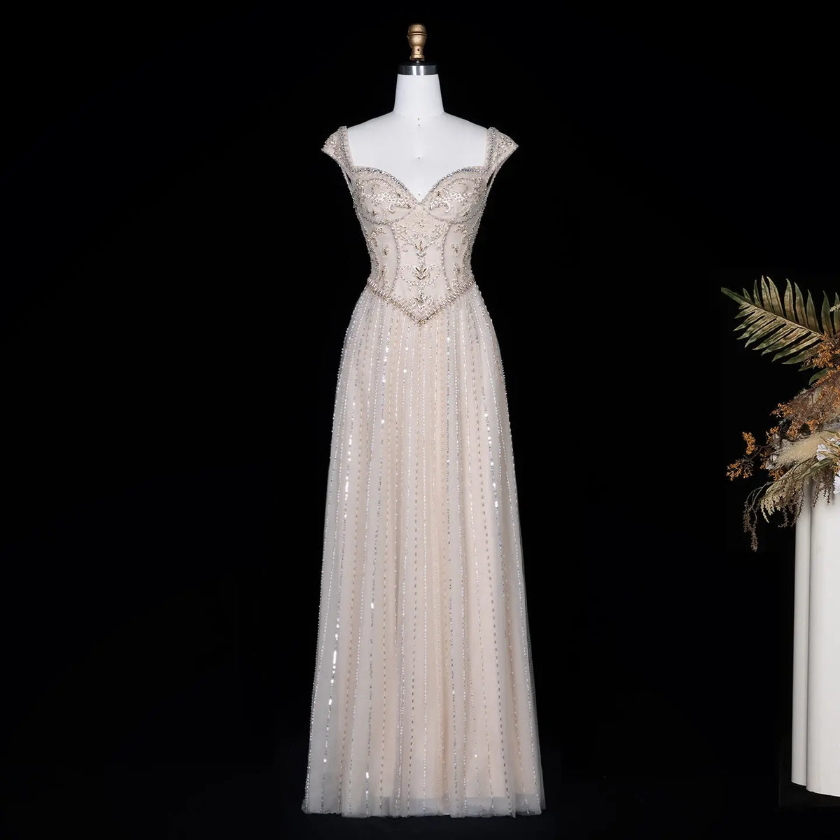 Champagne Beaded A Line Evening Dress SS332