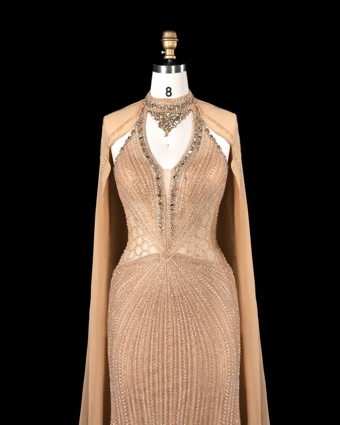 Champagne Beaded Cape Evening Dress SS049-4