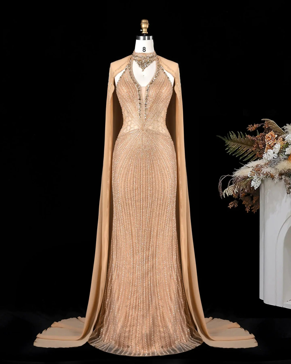 Champagne Beaded Cape Evening Dress SS049-9
