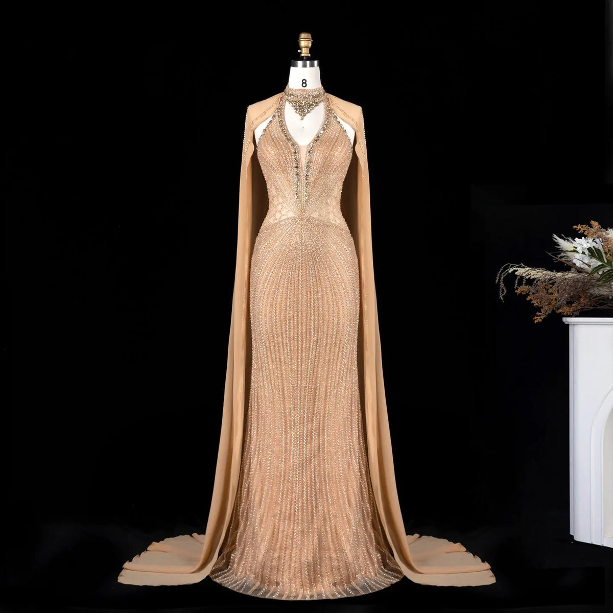 Champagne Beaded Cape Evening Dress SS049-5