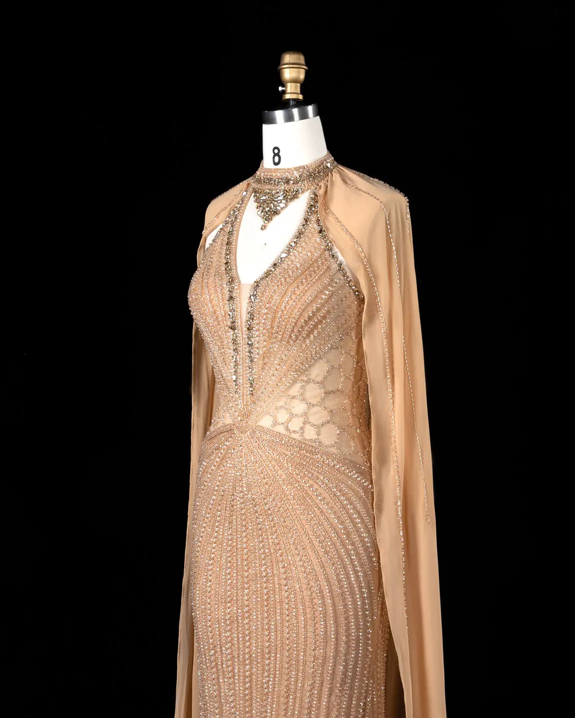 Champagne Beaded Cape Evening Dress SS049-6