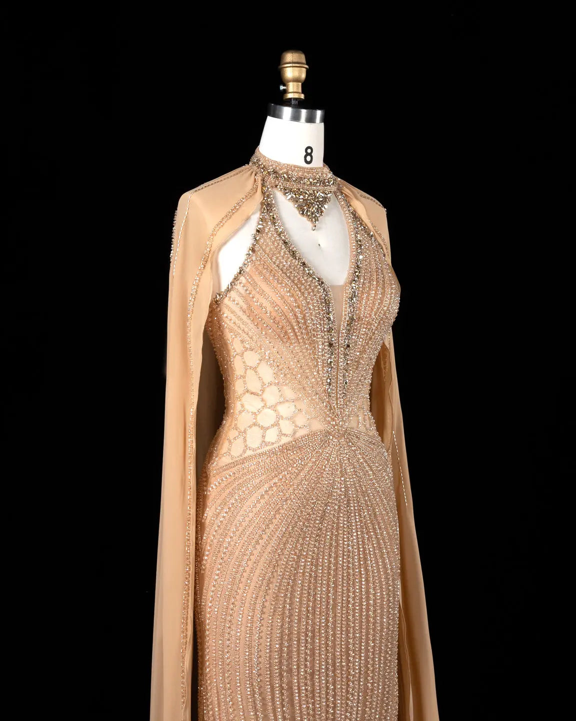 Champagne Beaded Cape Evening Dress SS049-7
