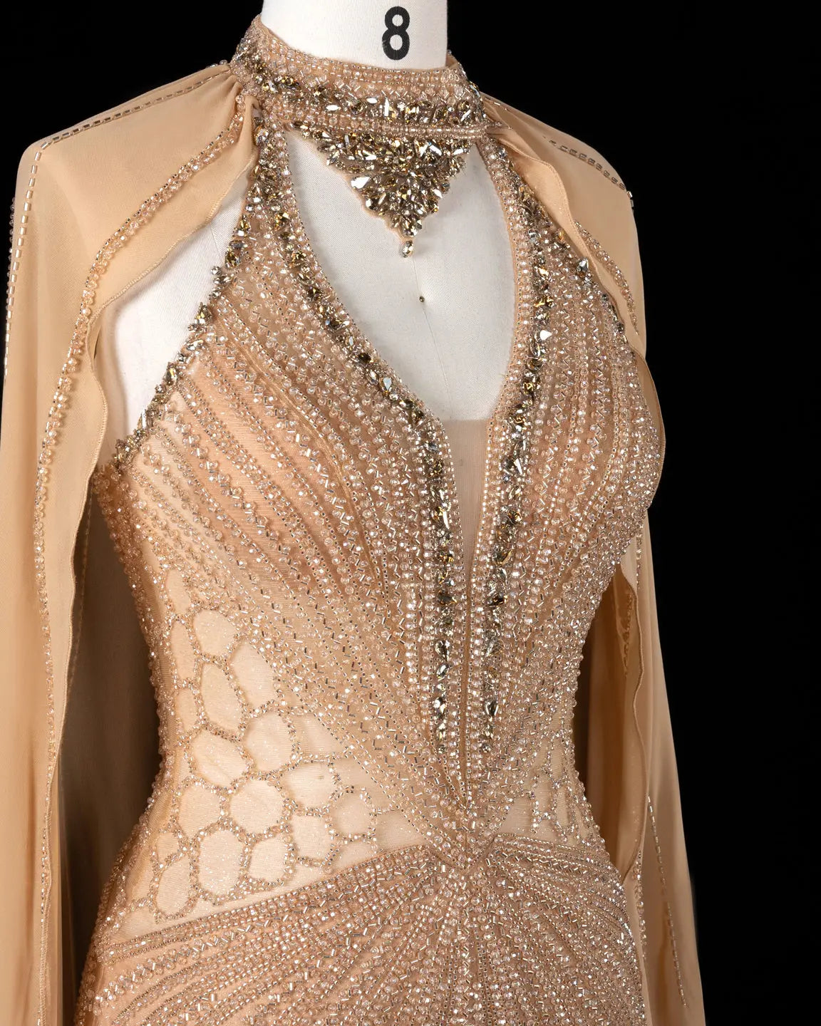 Champagne Beaded Cape Evening Dress SS049-10