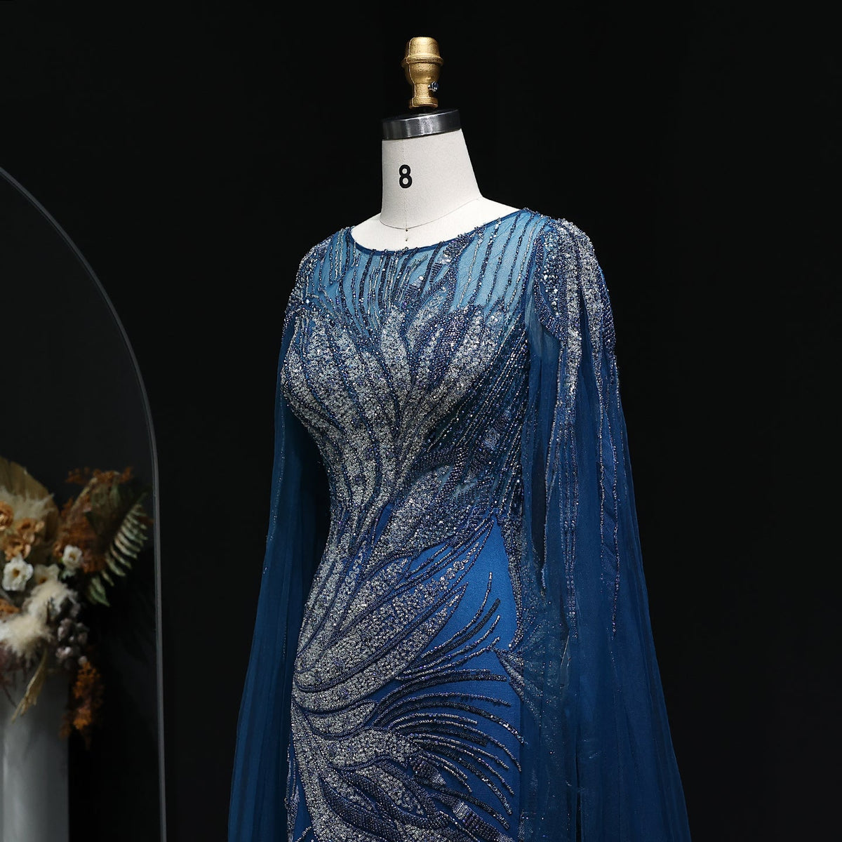 Luxury Blue Beaded Arabic Evening Dress with Cape Sleeve SS057