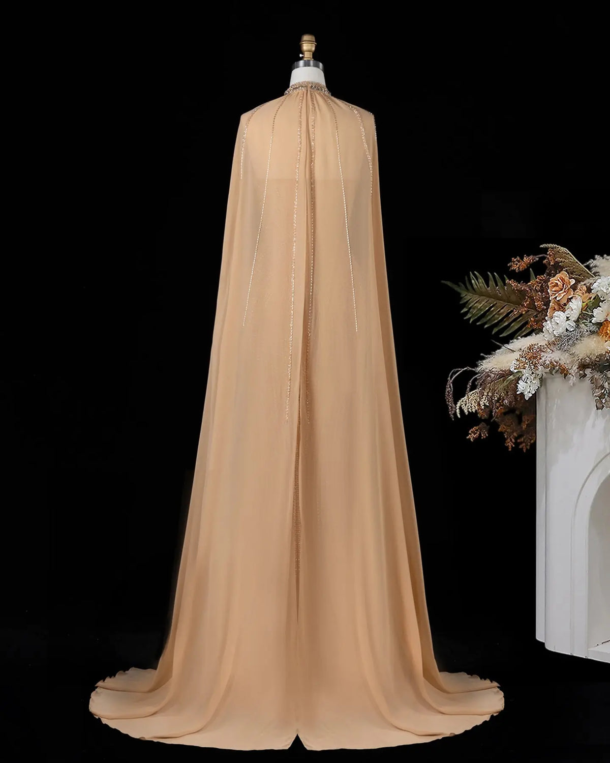 Champagne Beaded Cape Evening Dress SS049-8