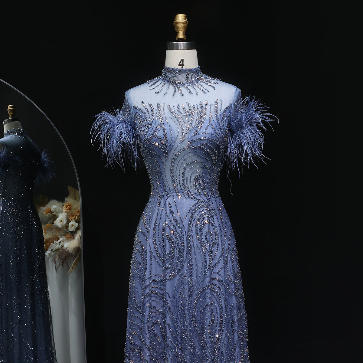 Luxury High Neck Blue Feathers Evening Dress SS660 