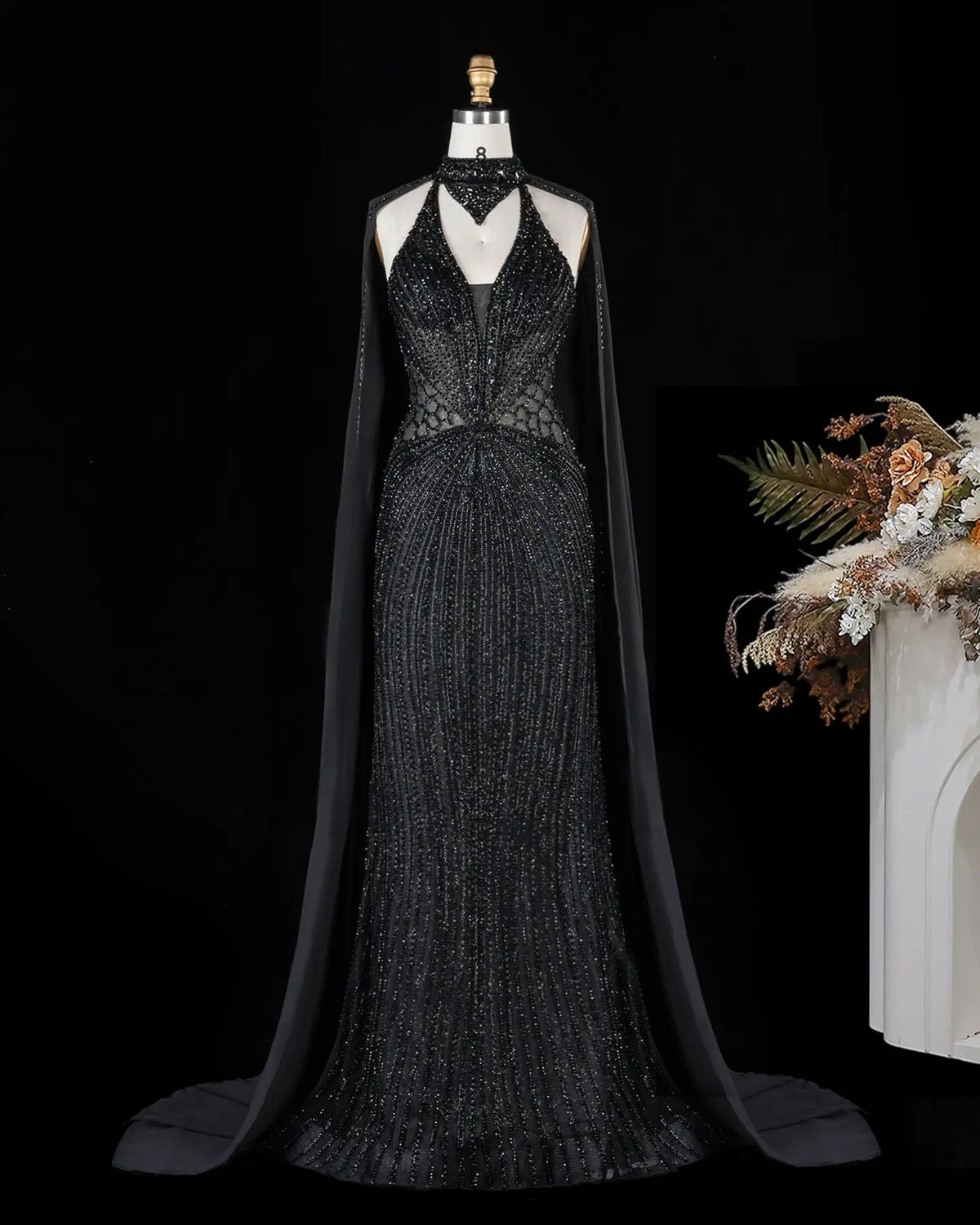 Champagne Beaded Cape Evening Dress SS049-27