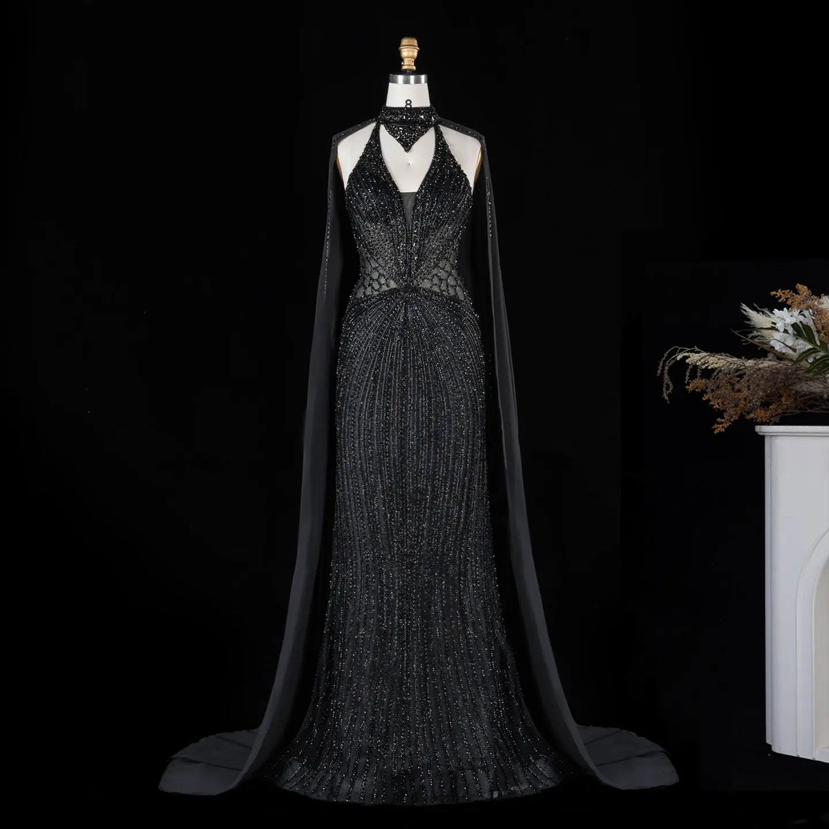 Champagne Beaded Cape Evening Dress SS049-28