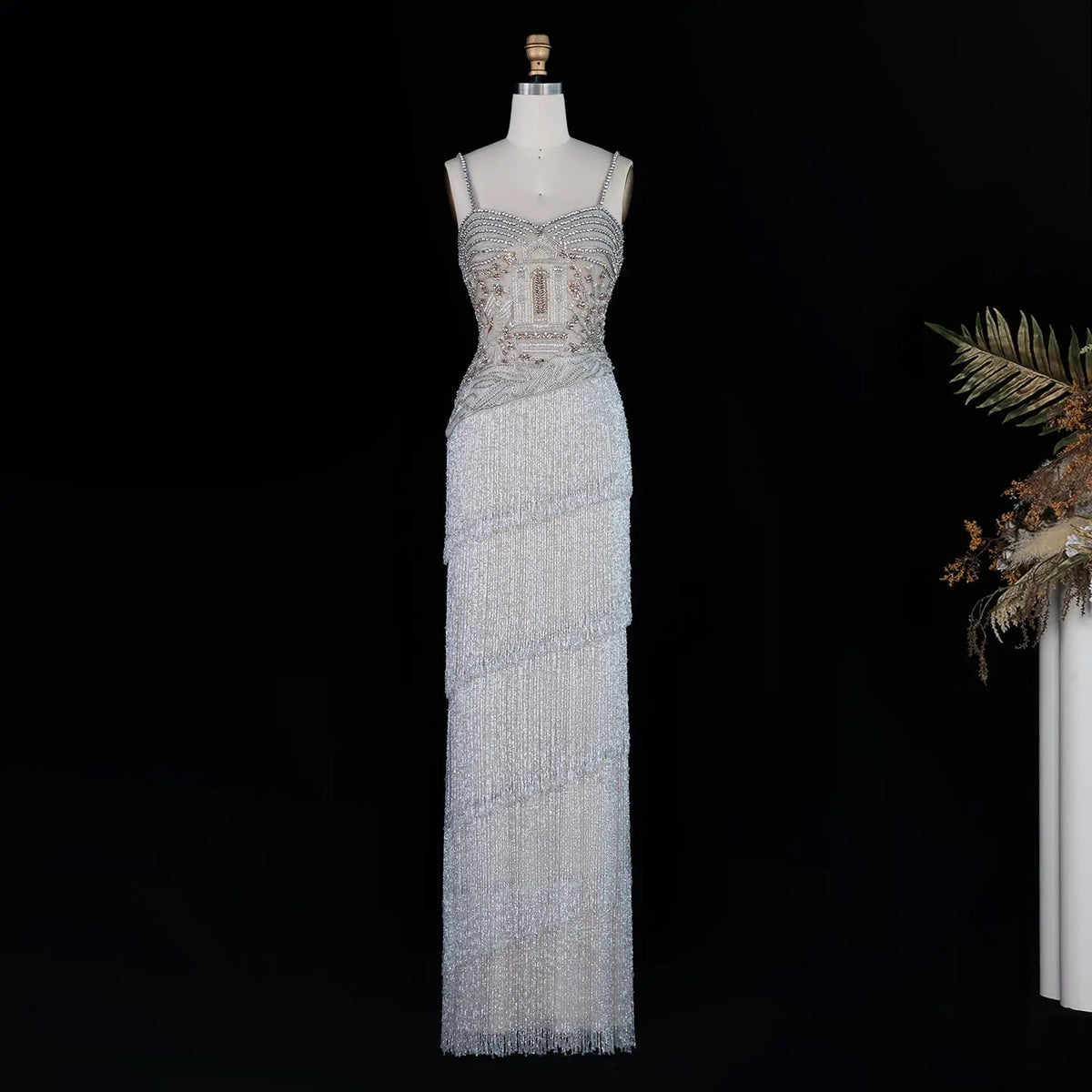 Gray Beaded Fringe Evening Dress SS324