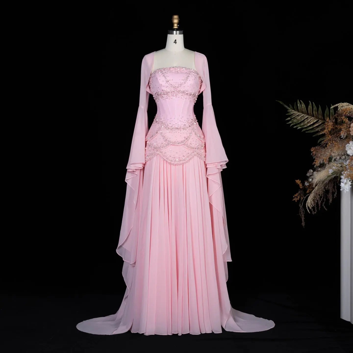 Luxury Pearls Tassel Blue and Yellow Evening Dress with Flowing