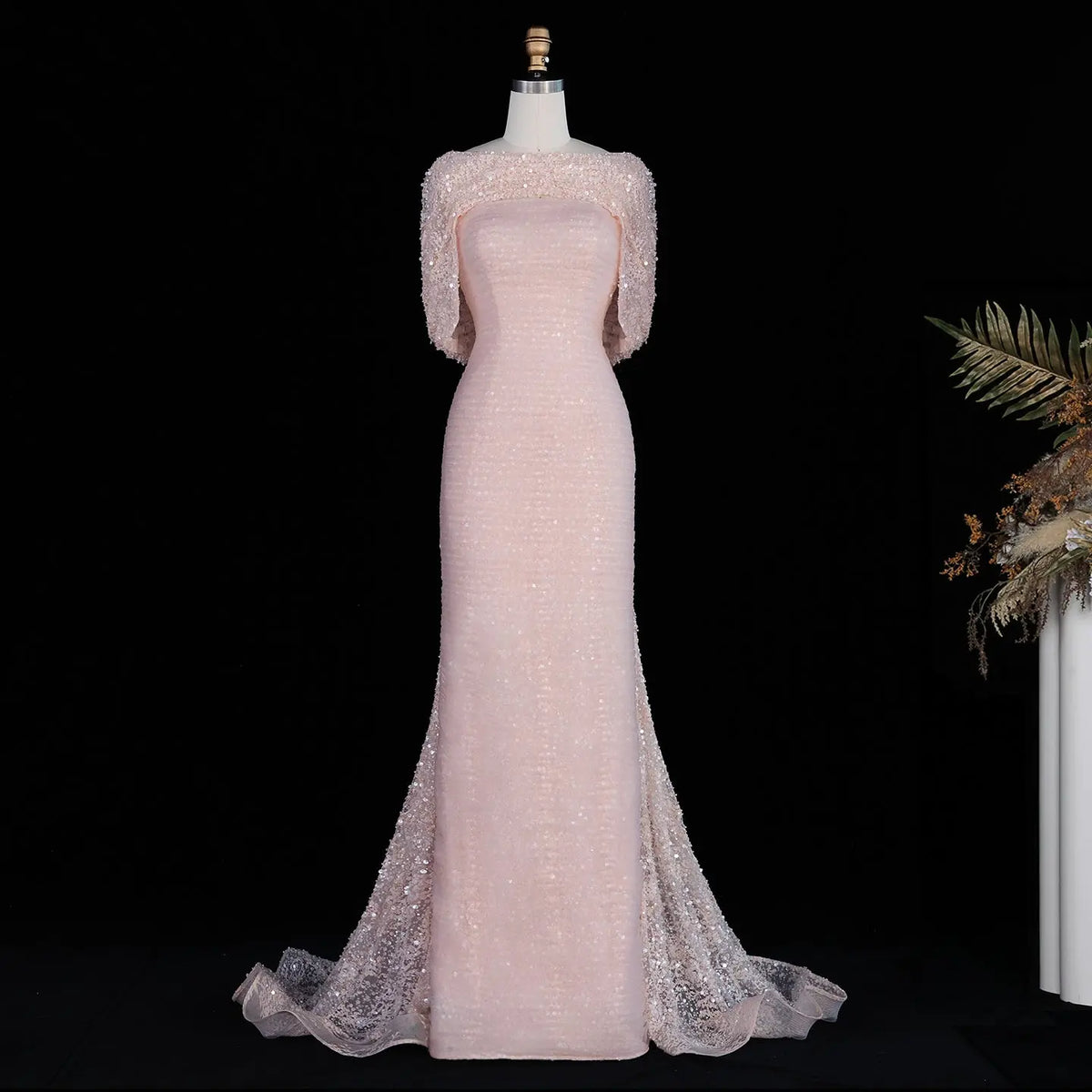 Blush Pink Sequin Cape Evening Dress SS607