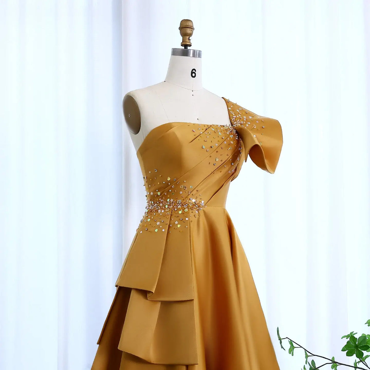 Elegant Gold One Shoulder Satin Evening Dress SHARONSAID Elegant Gold One Shoulder Satin Evening Dress SHARONSAID