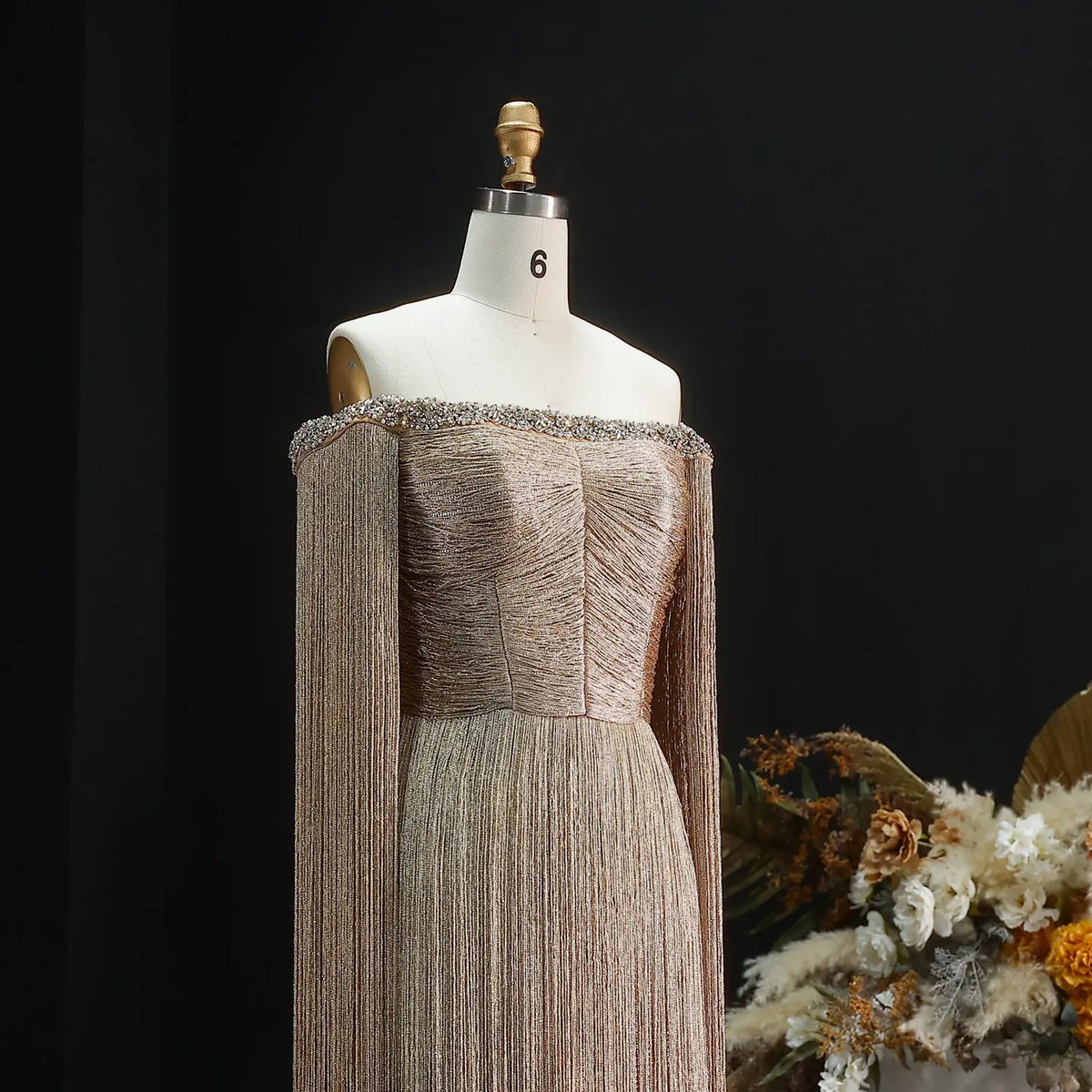 Sophisticated Gold Beaded Off-the-Shoulder Fringe Trim Evening Dress SS232 