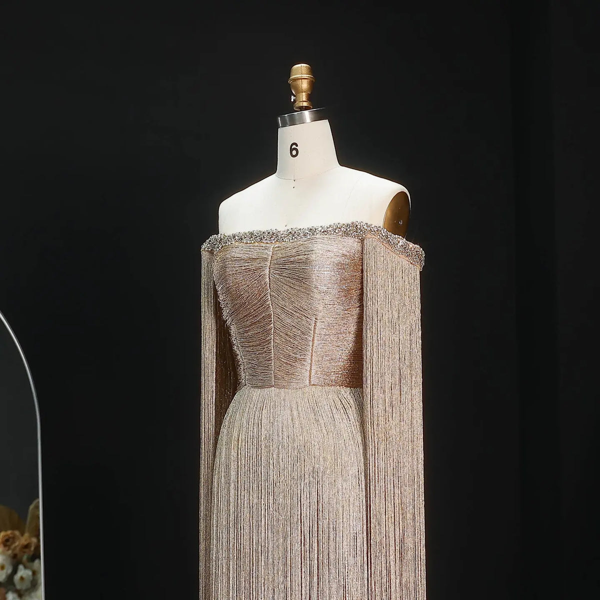 Sophisticated Gold Beaded Off-the-Shoulder Fringe Trim Evening Dress SS232