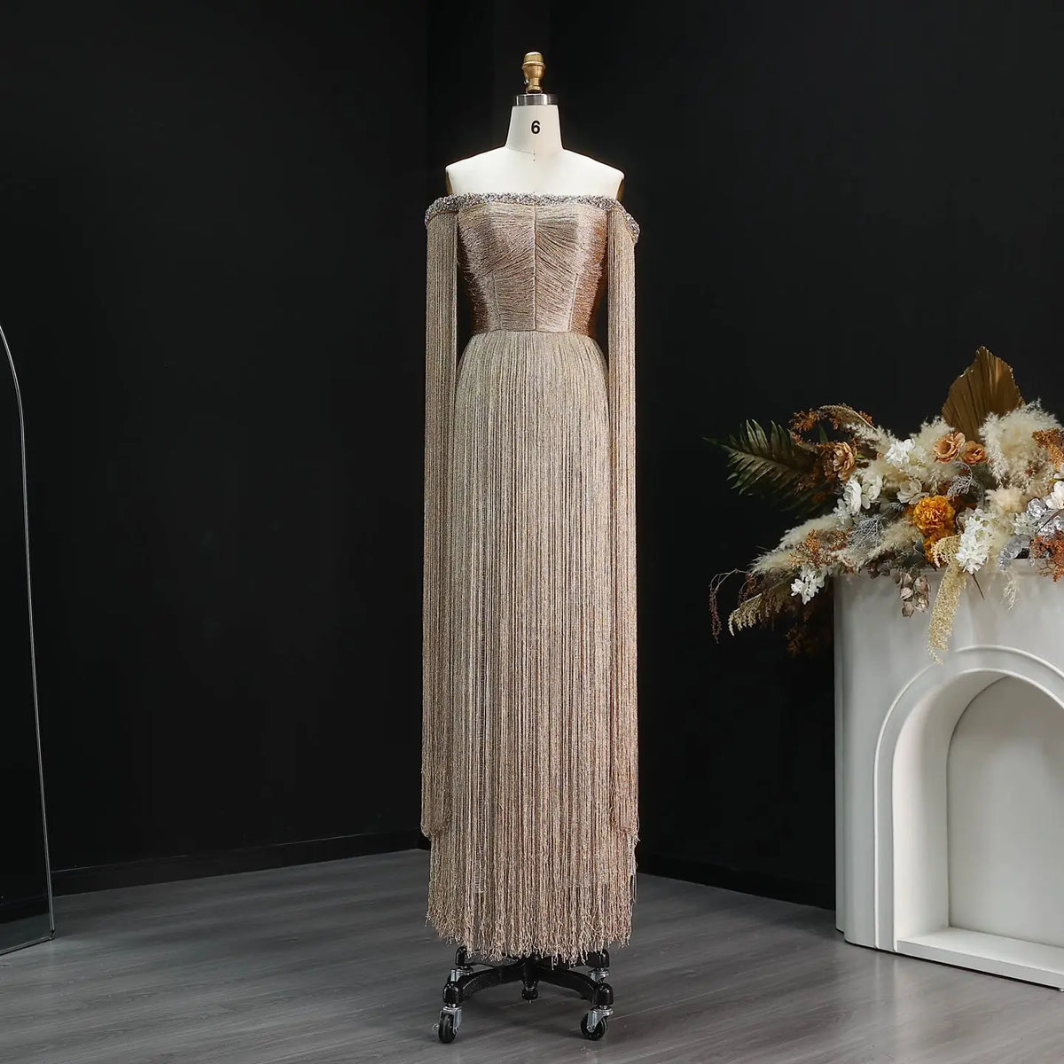 Sophisticated Gold Beaded Off-the-Shoulder Fringe Trim Evening Dress SS232 