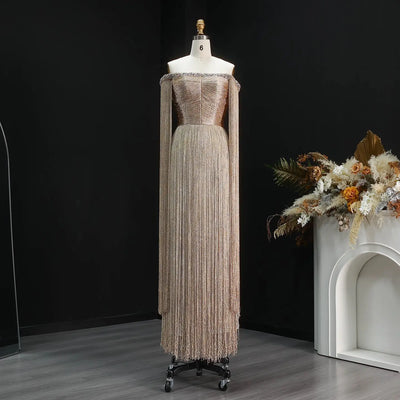 Sophisticated Gold Beaded Off-the-Shoulder Fringe Trim Evening Dress SS232 