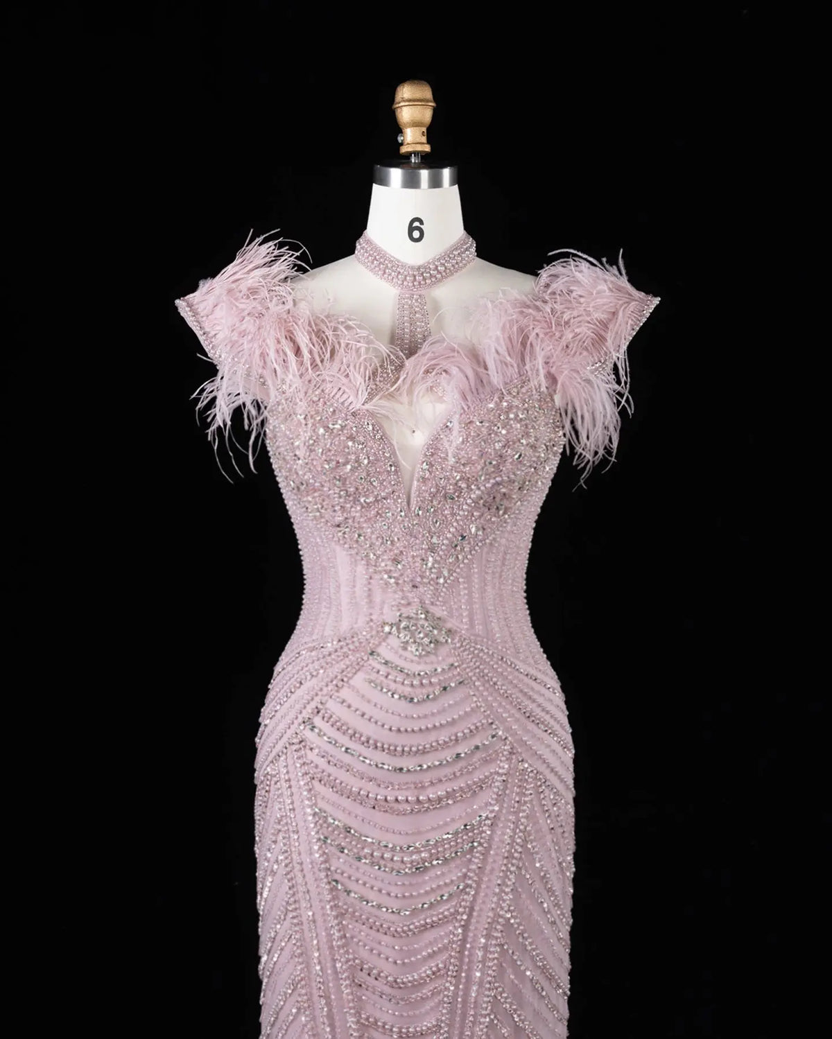 Pink Beaded Feather Mermaid Evening Dress-3