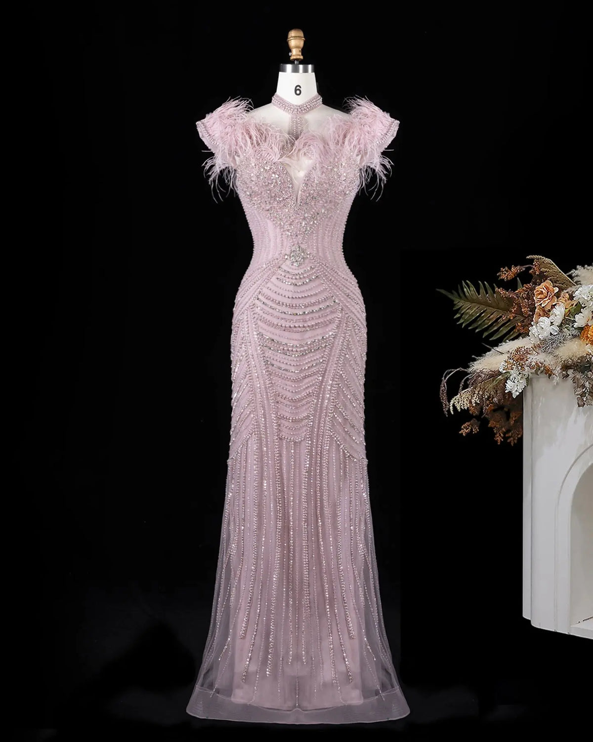 Pink Beaded Feather Mermaid Evening Dress-2