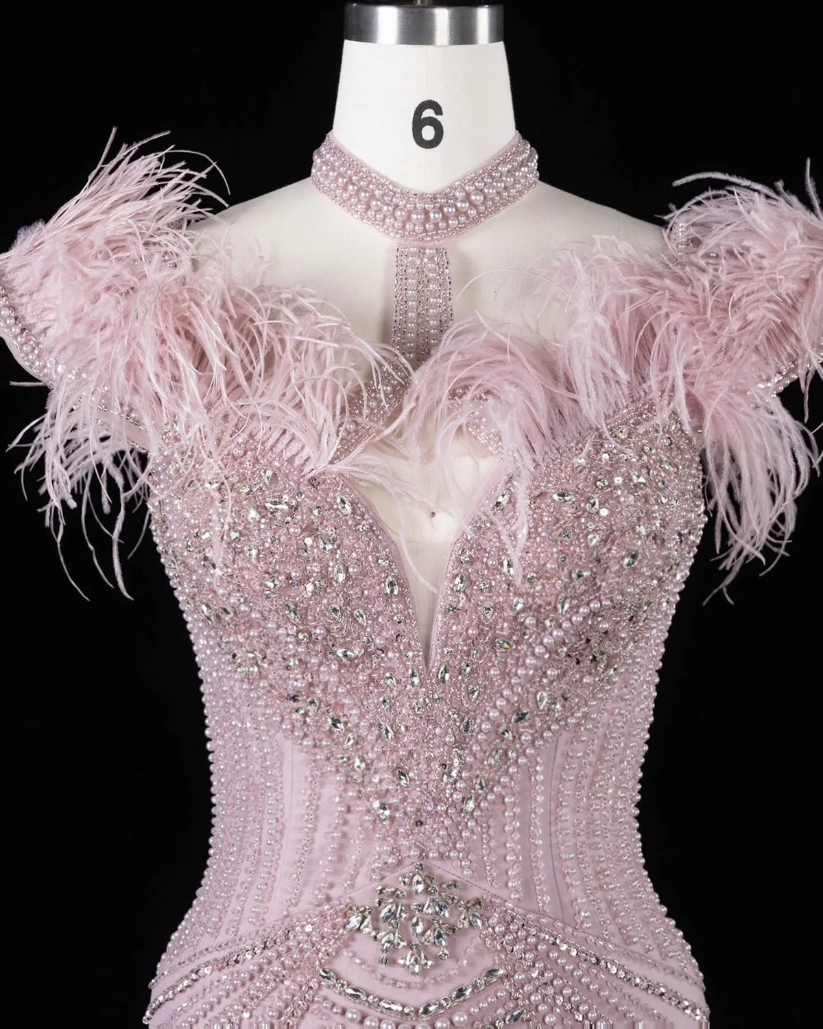 Pink Beaded Feather Mermaid Evening Dress-4