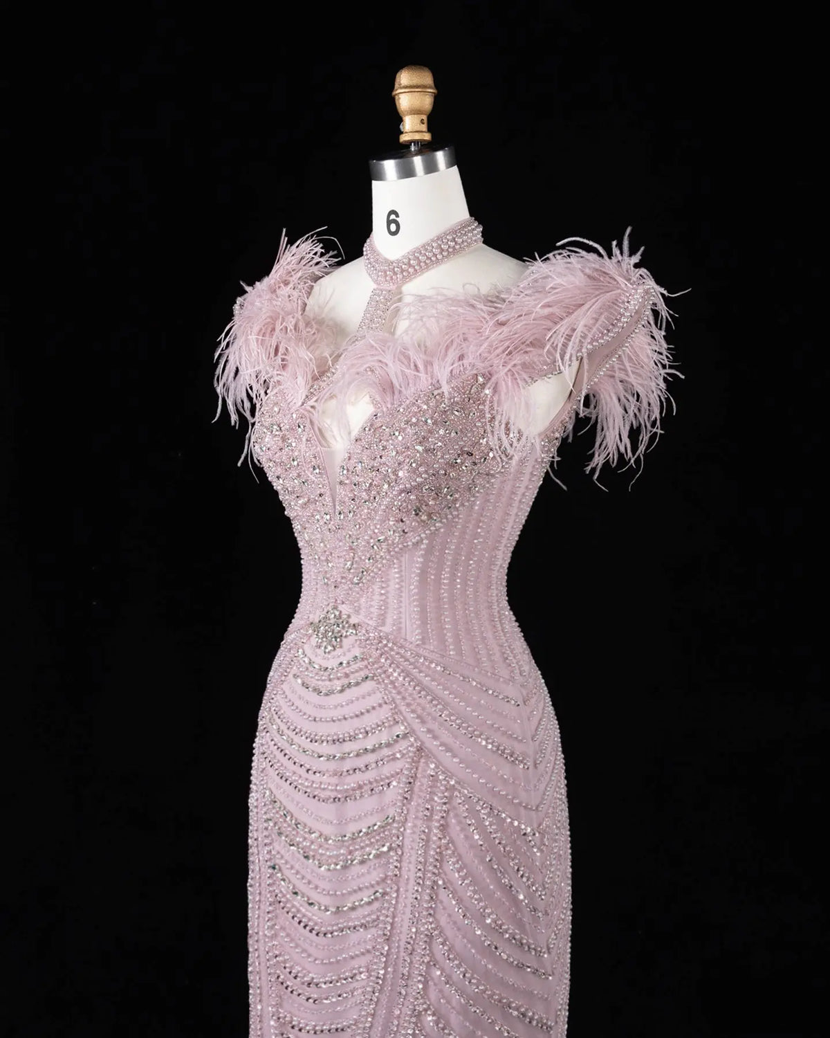 Pink Beaded Feather Mermaid Evening Dress-5