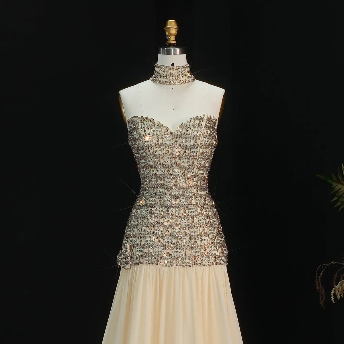 Opulent Gold Strapless Beaded Corset Evening Dress with Choker SS504 