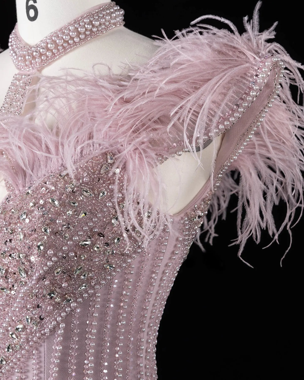 Pink Beaded Feather Mermaid Evening Dress-6