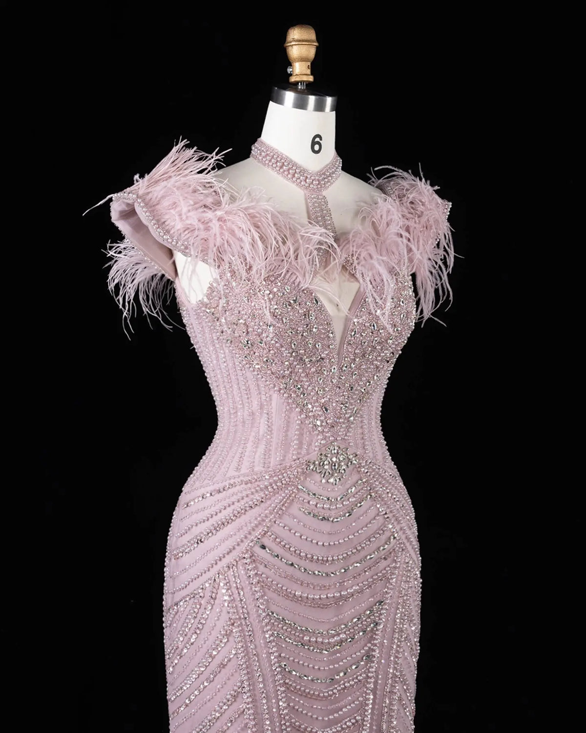 Pink Beaded Feather Mermaid Evening Dress-7