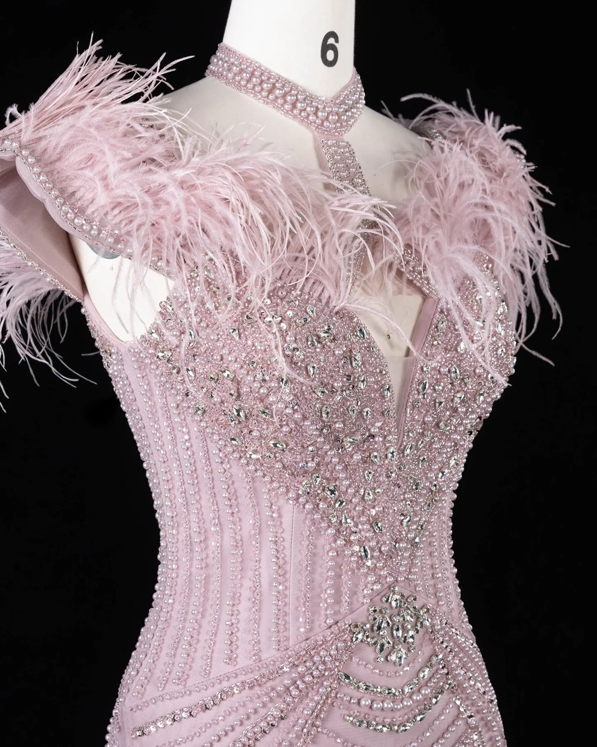 Pink Beaded Feather Mermaid Evening Dress-8