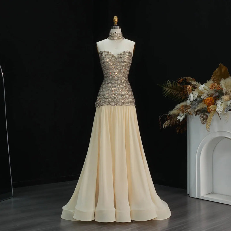Opulent Gold Strapless Beaded Corset Evening Dress with Choker SS504 
