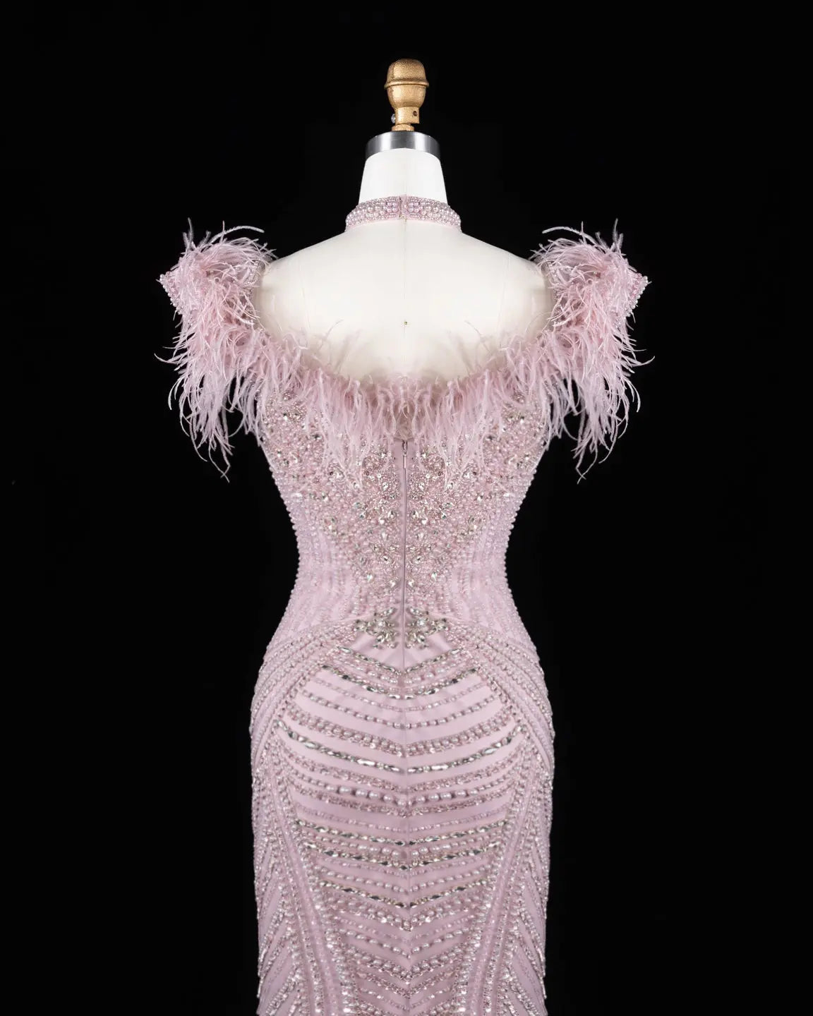Pink Beaded Feather Mermaid Evening Dress-9