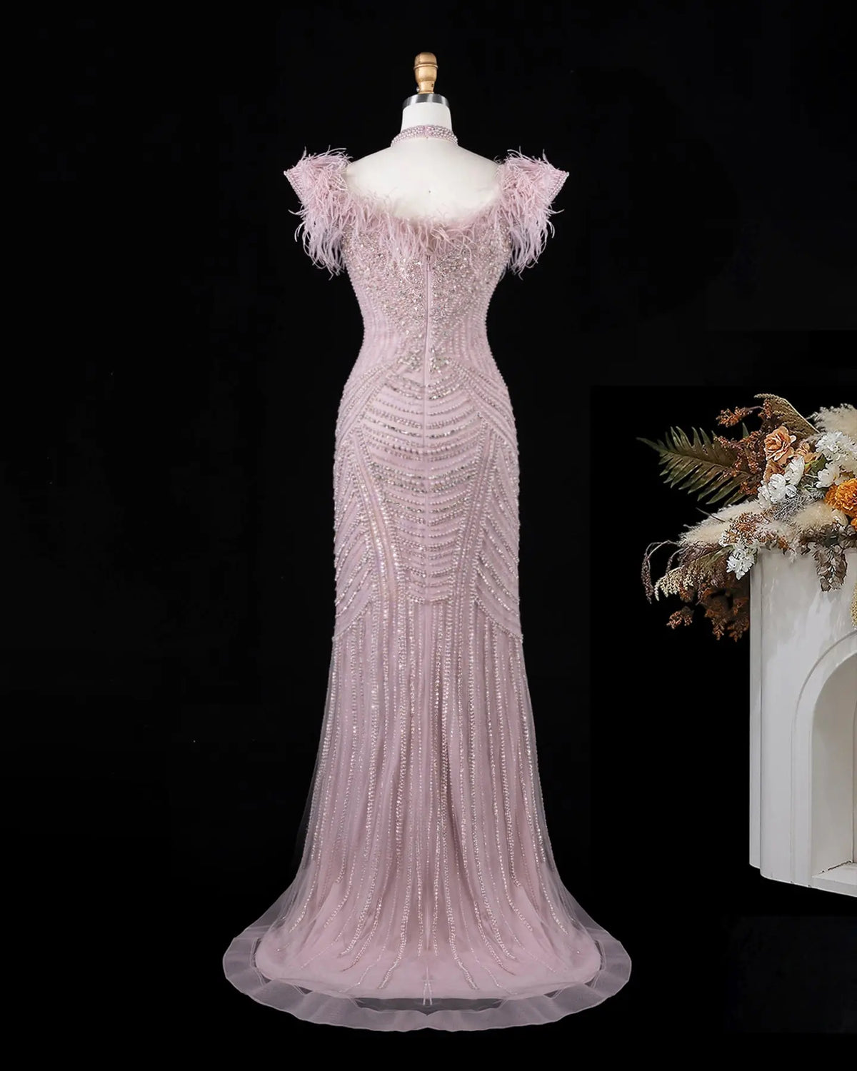 Pink Beaded Feather Mermaid Evening Dress-10