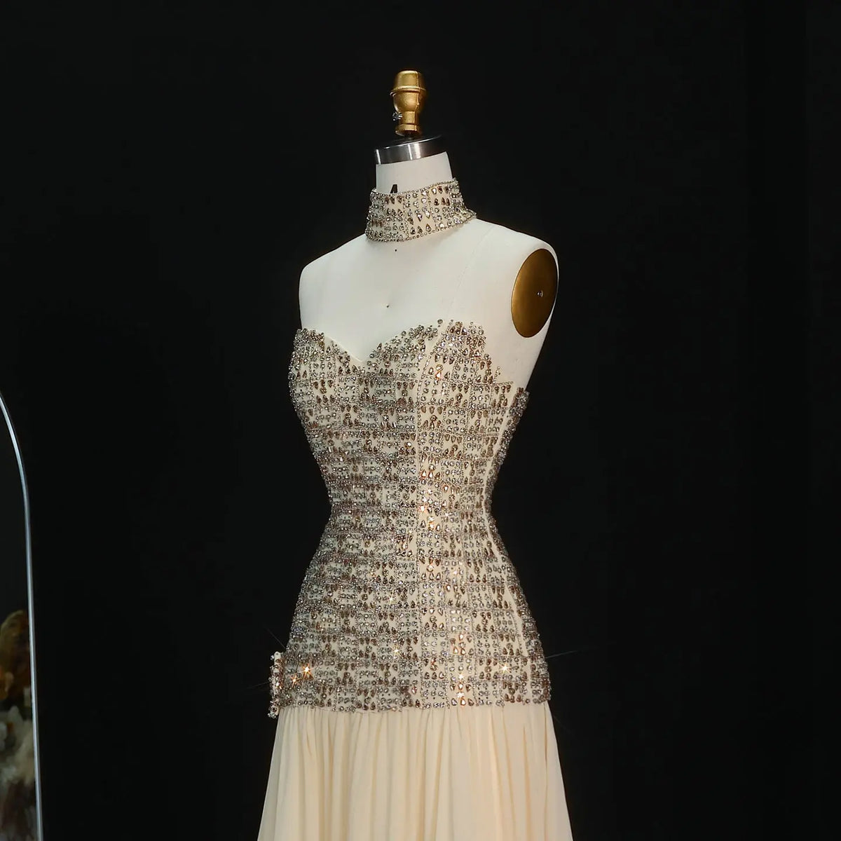 Opulent Gold Strapless Beaded Corset Evening Dress with Choker SS504 