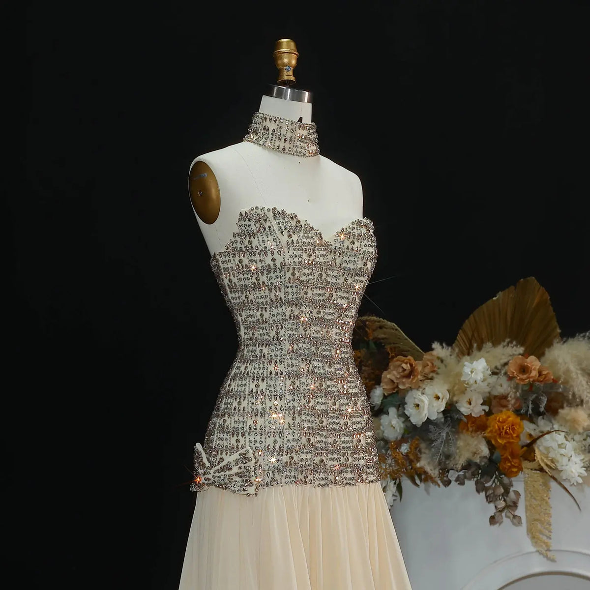 Opulent Gold Strapless Beaded Corset Evening Dress with Choker SS504 