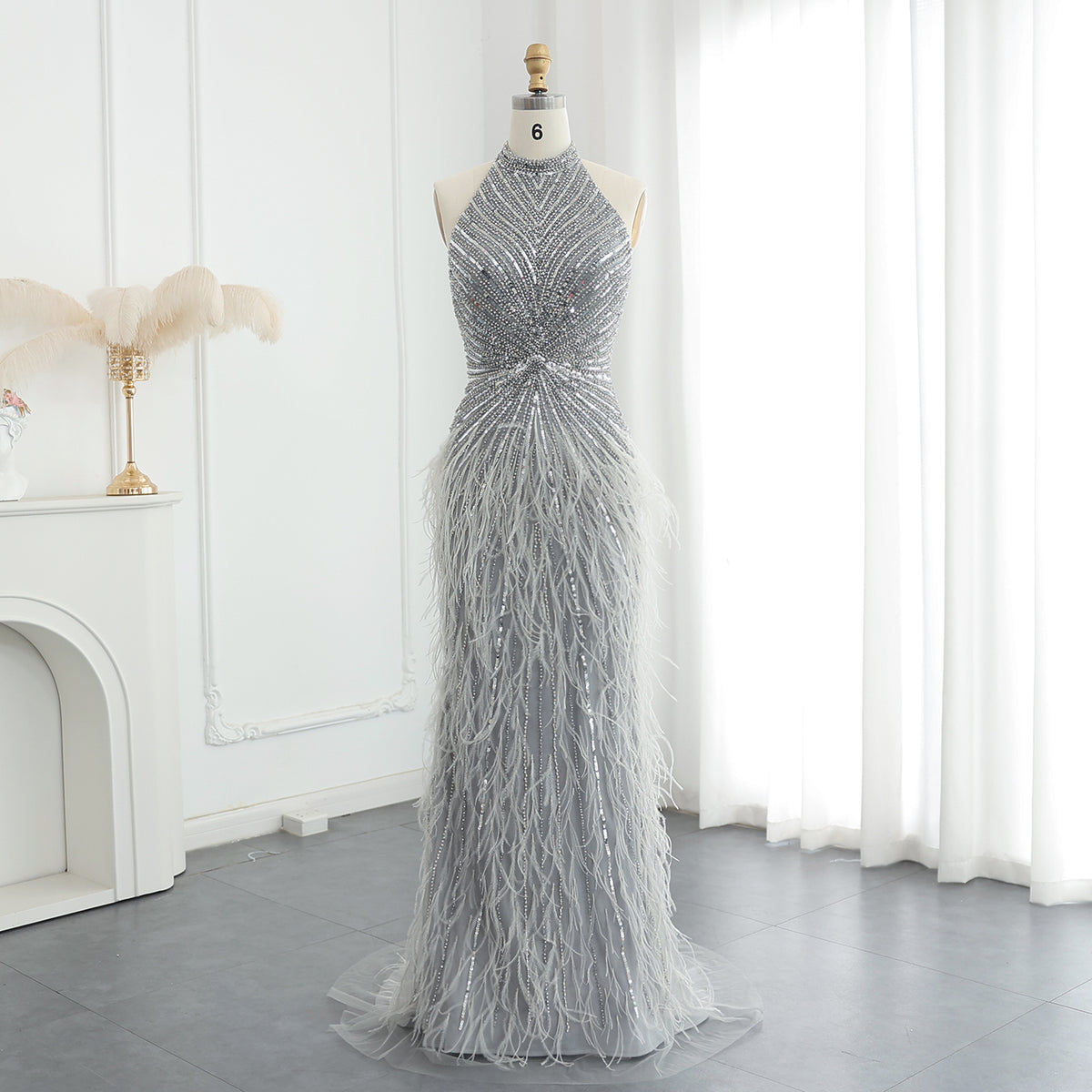 Sharon Said Luxury Beaded Feathers Mermaid Silver Gray Evening Dress Sexy Halter Backless Blue Beige Arabic Formal Party Gown SS006