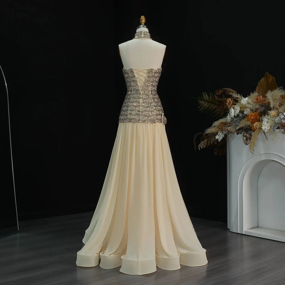Opulent Gold Strapless Beaded Corset Evening Dress with Choker SS504 