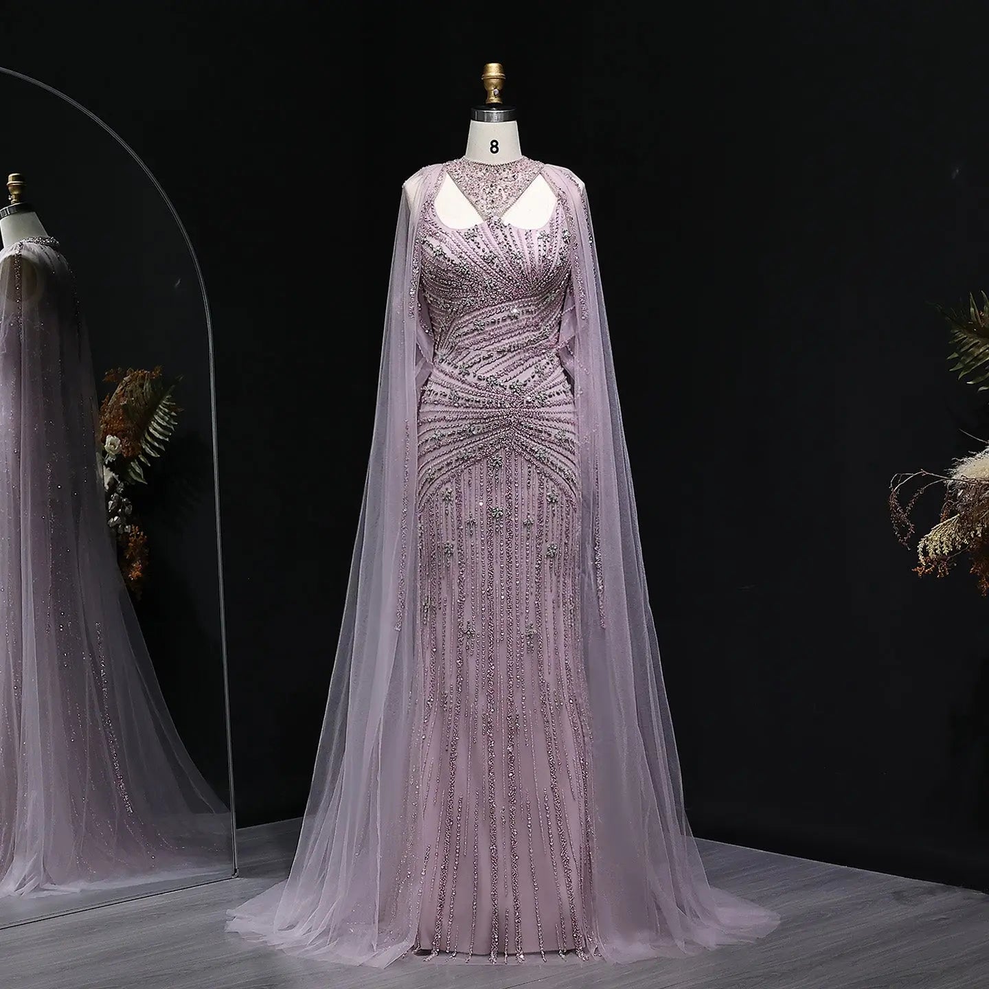 Luxury Champagne Beaded Mermaid Evening Dress with Cape Sleeves SS149