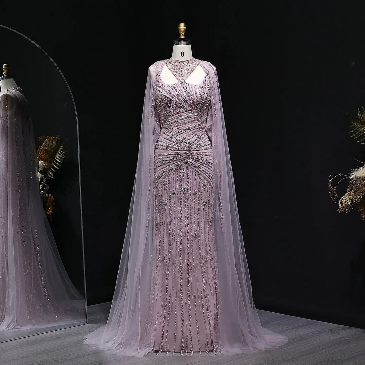 Luxury Champagne Beaded Mermaid Evening Dress with Cape Sleeves SS149 Luxury Champagne Beaded Mermaid Evening Dress with Cape Sleeves SS149