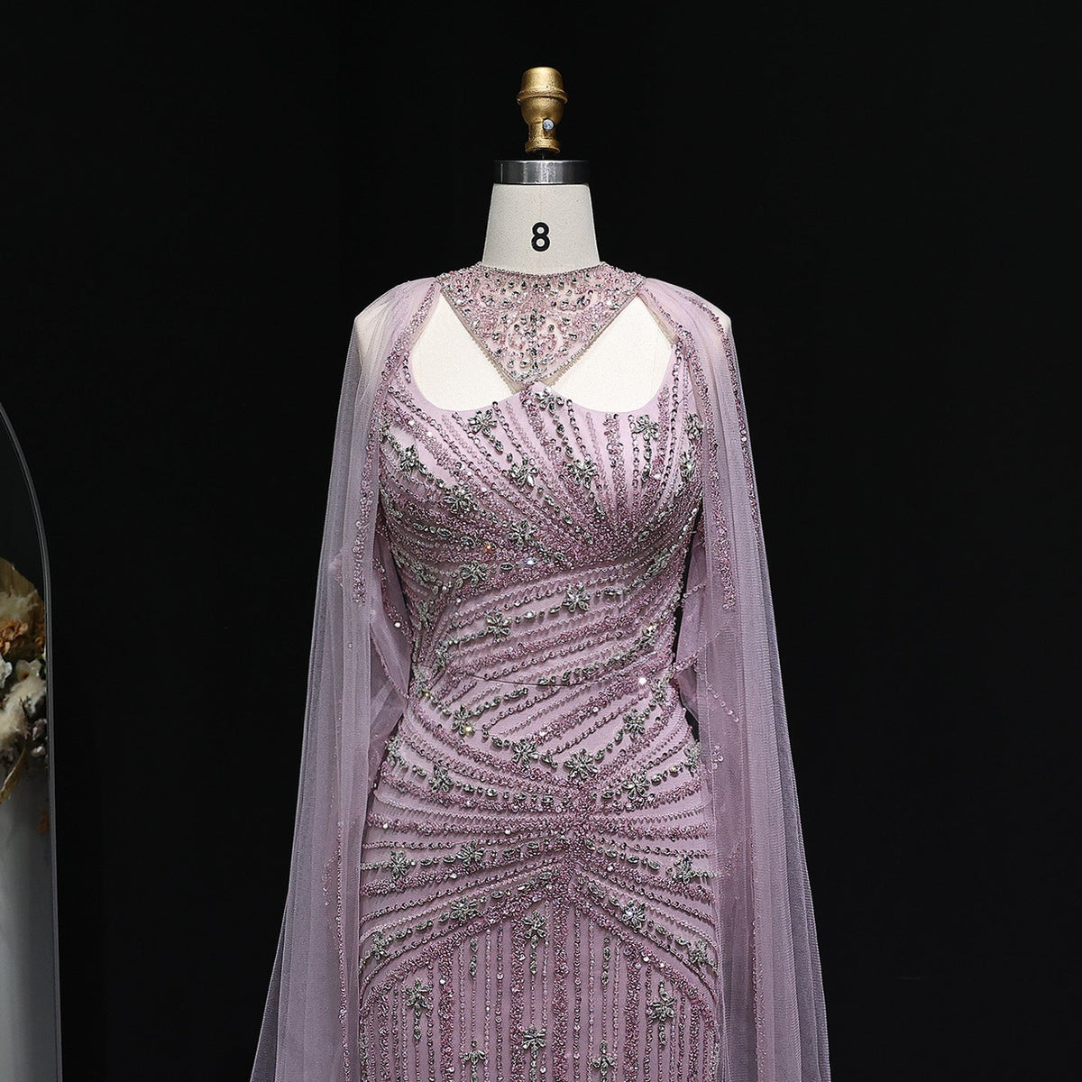 Luxury Champagne Beaded Mermaid Evening Dress with Cape Sleeves SS149