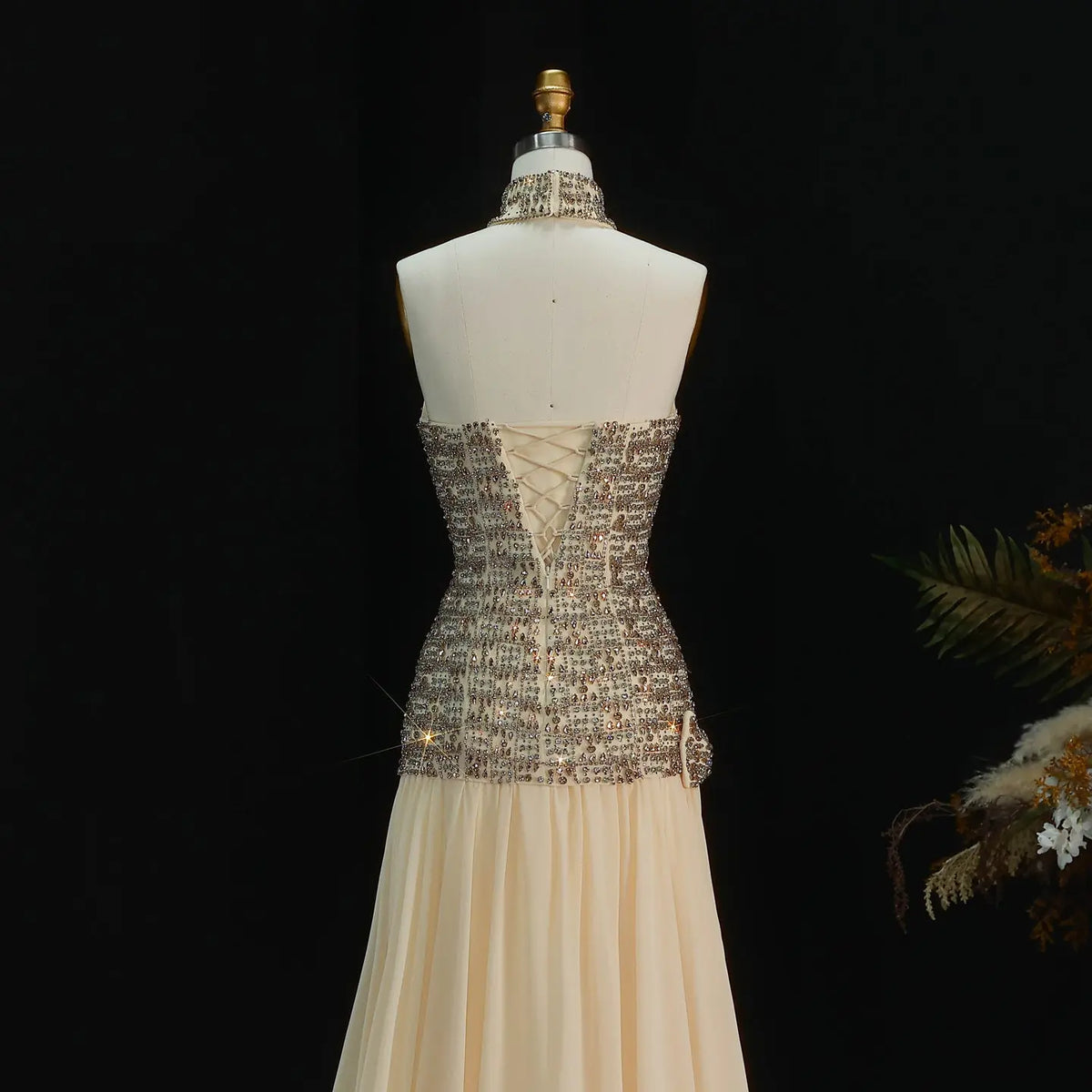 Opulent Gold Strapless Beaded Corset Evening Dress with Choker SS504 