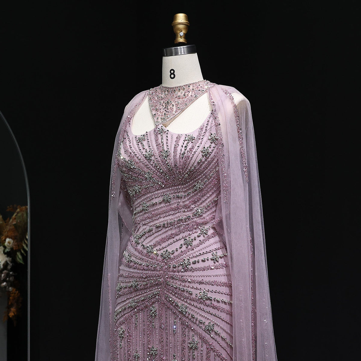 Luxury Champagne Beaded Mermaid Evening Dress with Cape Sleeves SS149