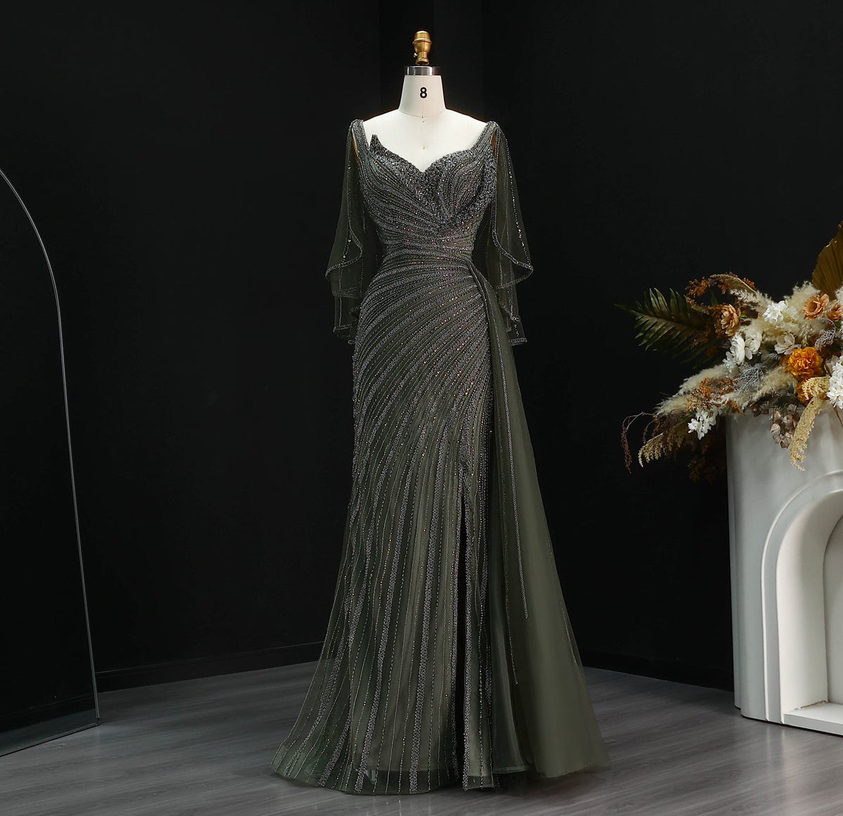Elegant Champagne V-Neck Beaded Evening Dress with Cape Sleeves SS063 