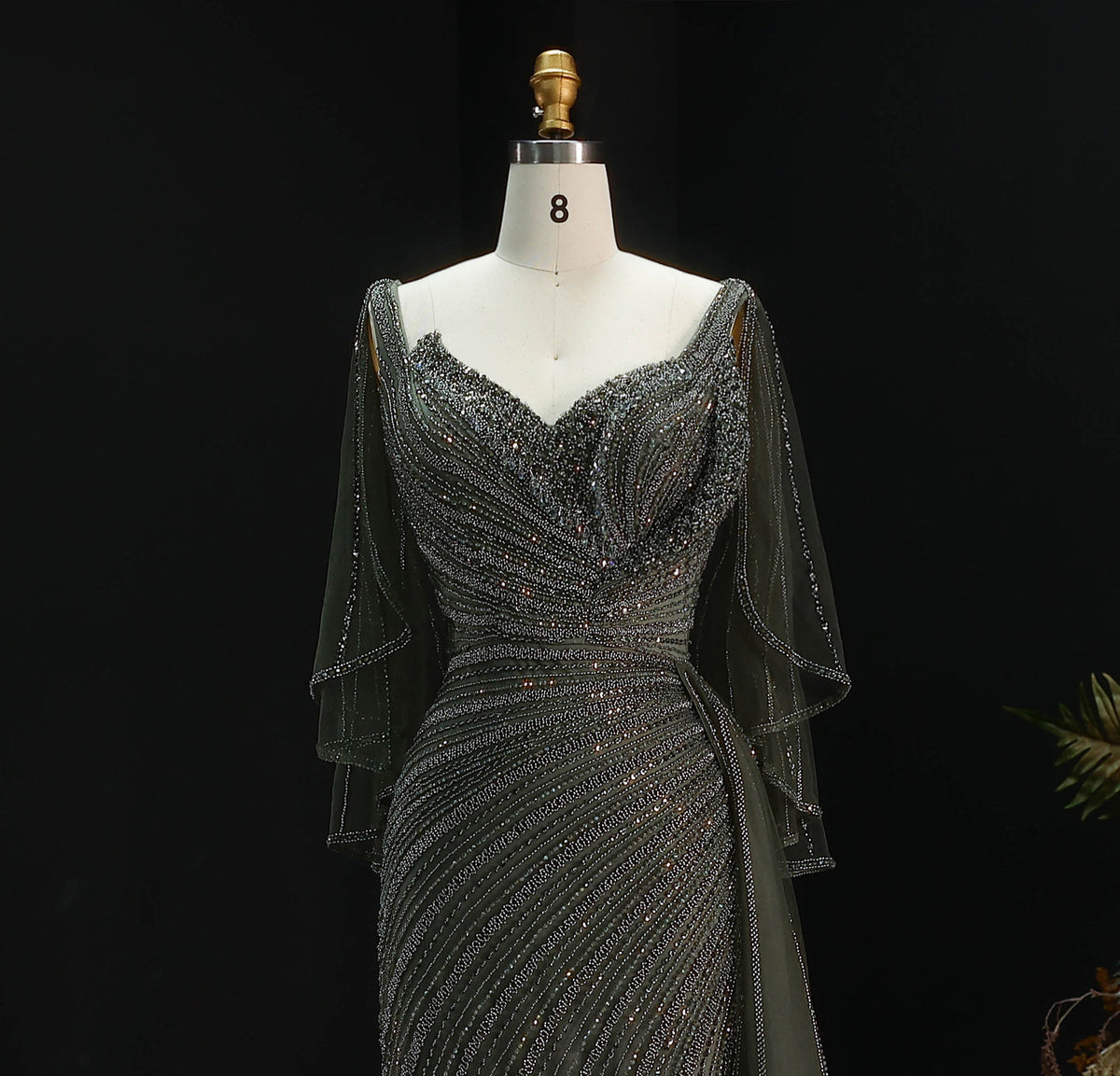 Elegant Champagne V-Neck Beaded Evening Dress with Cape Sleeves SS063 