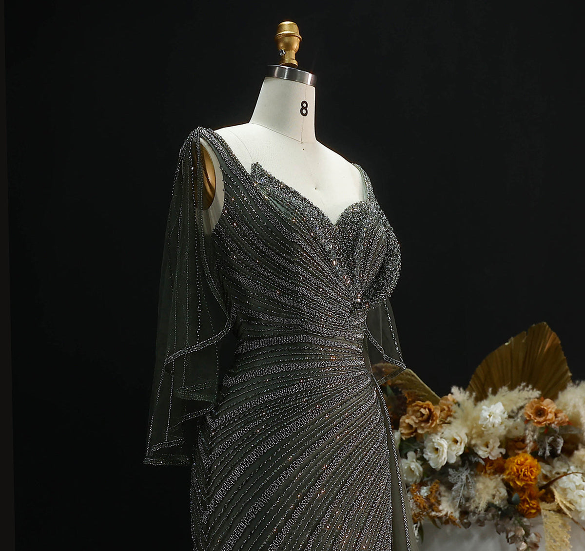 Elegant Champagne V-Neck Beaded Evening Dress with Cape Sleeves SS063 