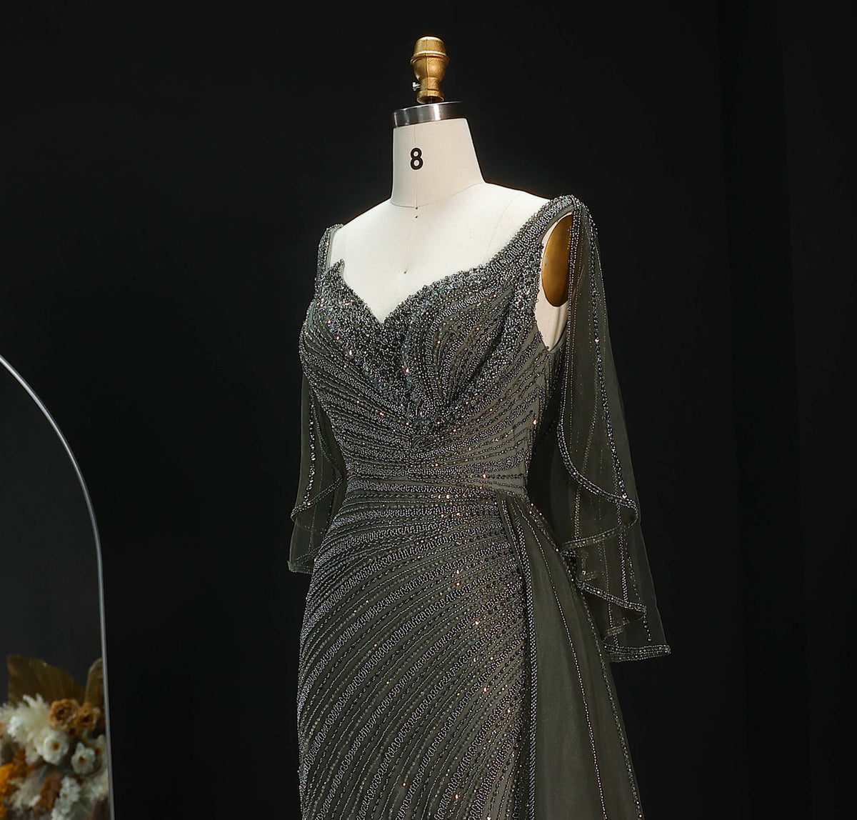 Elegant Champagne V-Neck Beaded Evening Dress with Cape Sleeves SS063 
