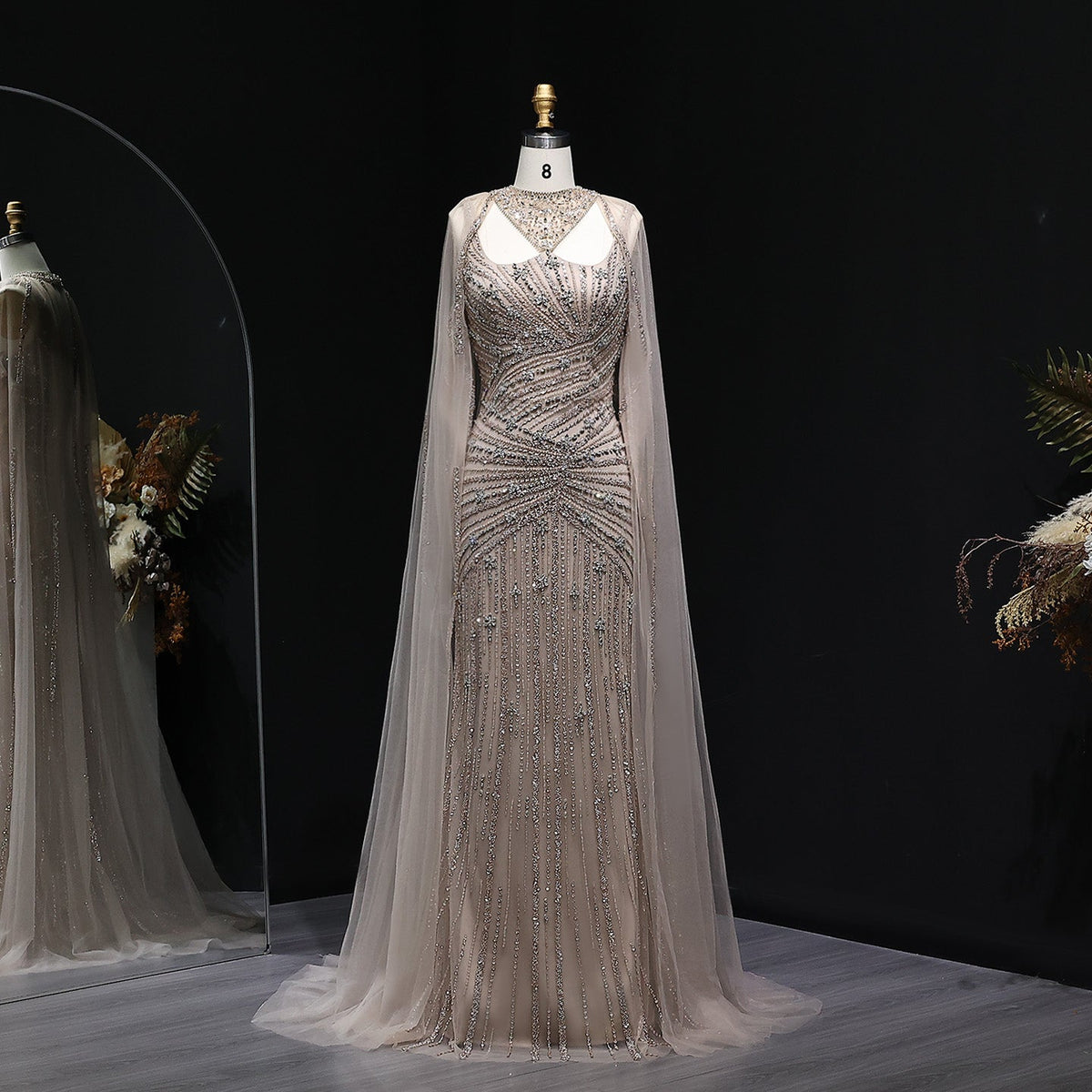 Luxury Champagne Beaded Mermaid Evening Dress with Cape Sleeves SS149  Champagne / US 18