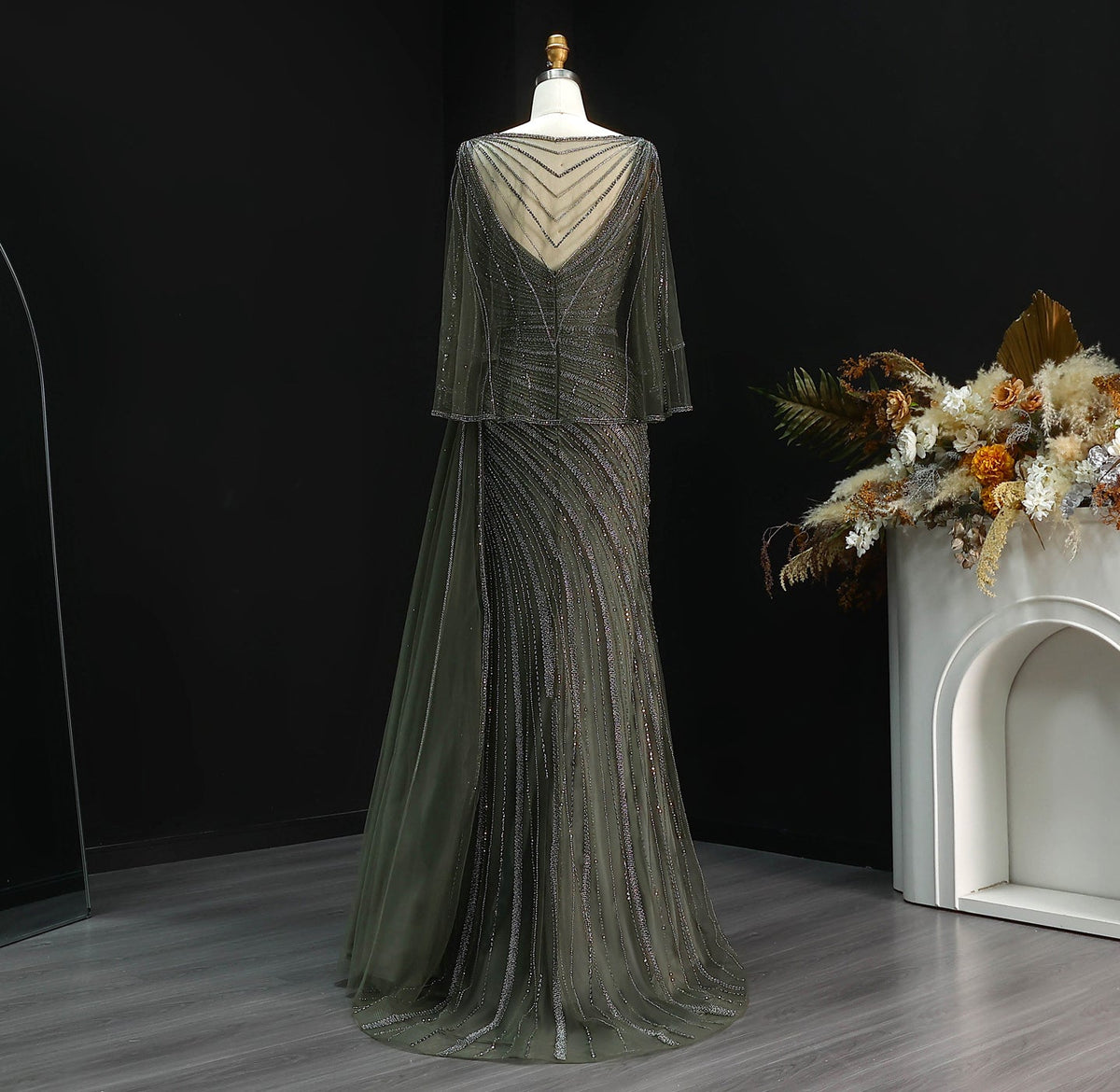 Elegant Champagne V-Neck Beaded Evening Dress with Cape Sleeves SS063 