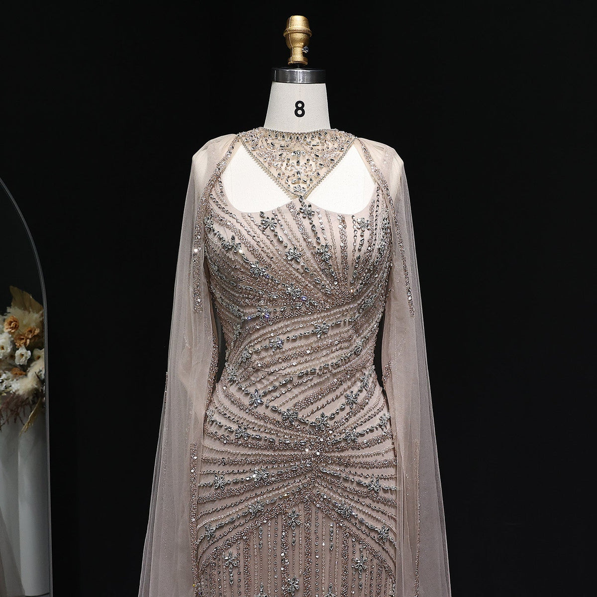 Luxury Champagne Beaded Mermaid Evening Dress with Cape Sleeves SS149