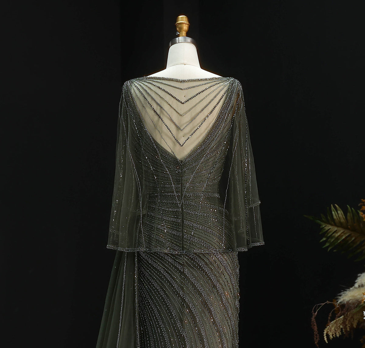 Elegant Champagne V-Neck Beaded Evening Dress with Cape Sleeves SS063 