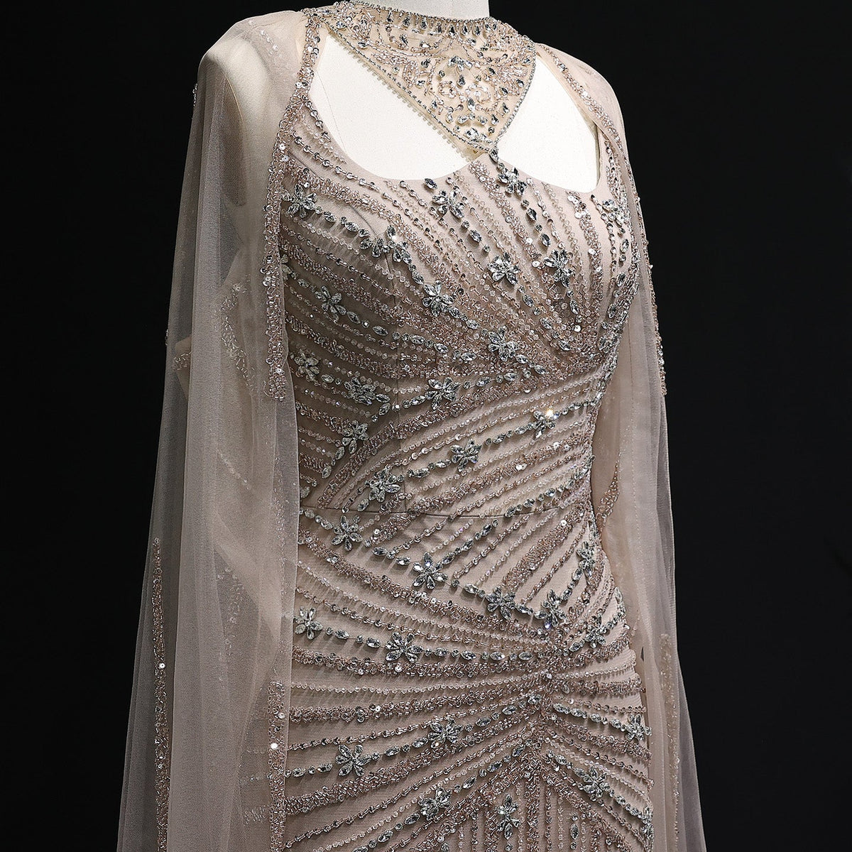 Luxury Champagne Beaded Mermaid Evening Dress with Cape Sleeves SS149